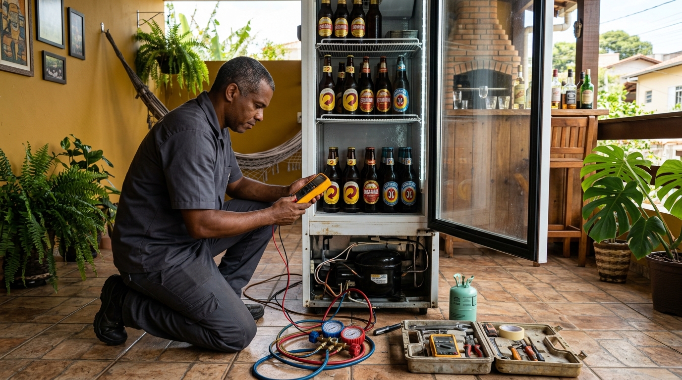 Placa eletrônica de cervejeira em reparo na bancada em Sorocaba‑SP