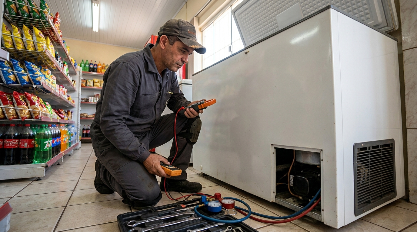 Reparo da placa eletrônica de um freezer em atendimento em Sorocaba‑SP