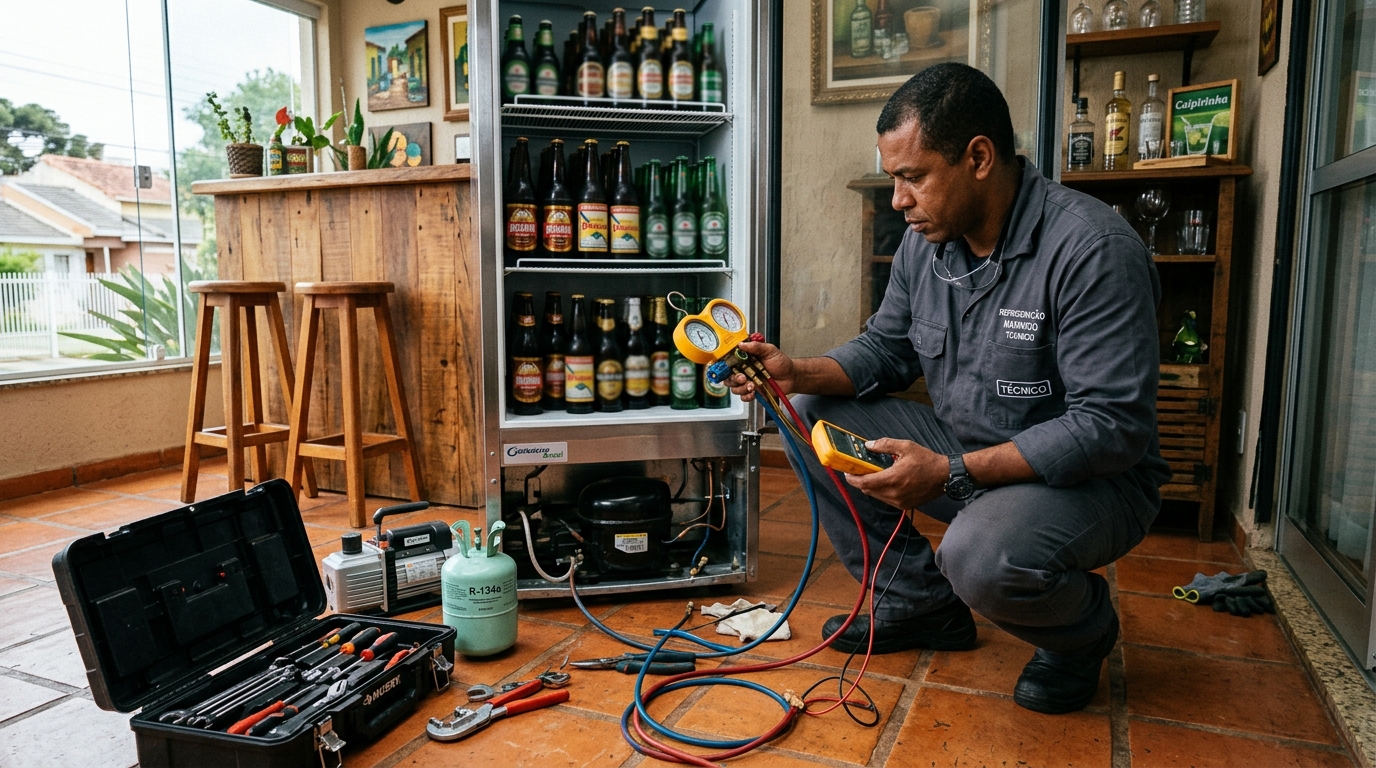 Técnico revisando o motor de uma cervejeira durante chamado em Sorocaba‑SP