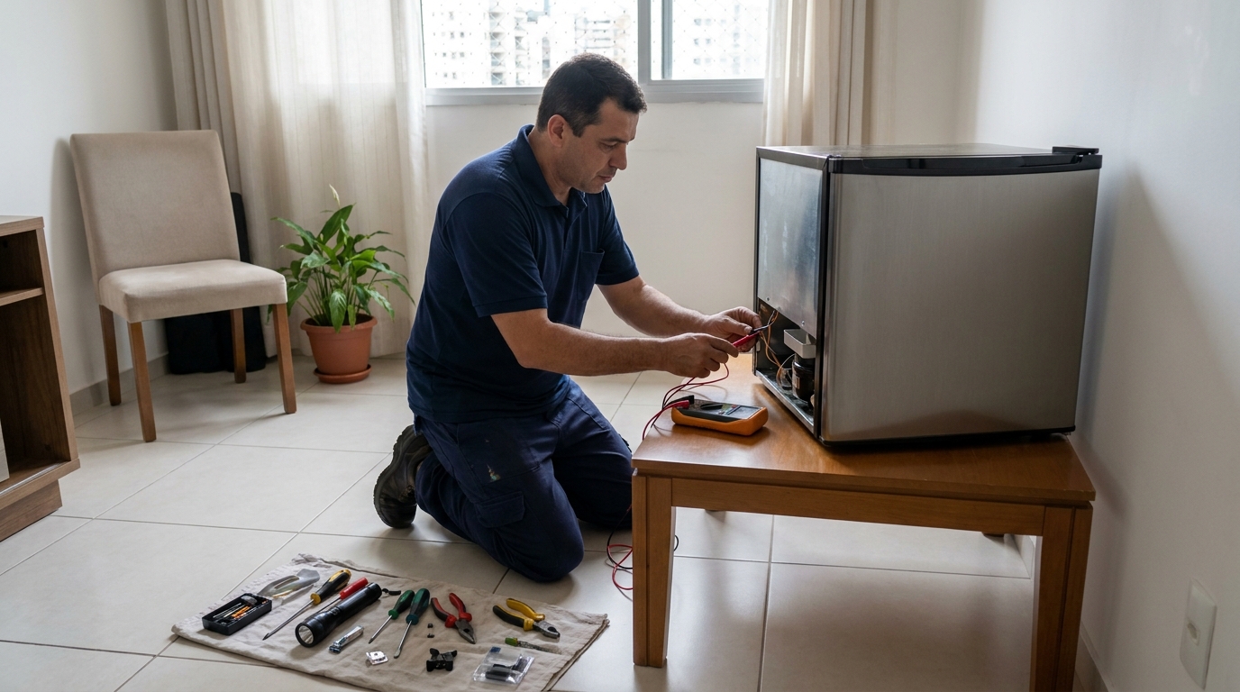Técnico avaliando um frigobar compacto durante atendimento em Sorocaba‑SP